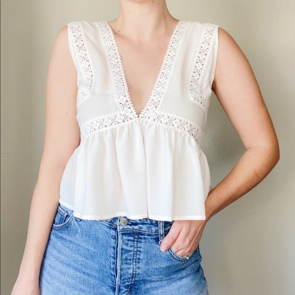 White Crochet Trim Deep V Peplum Blouse